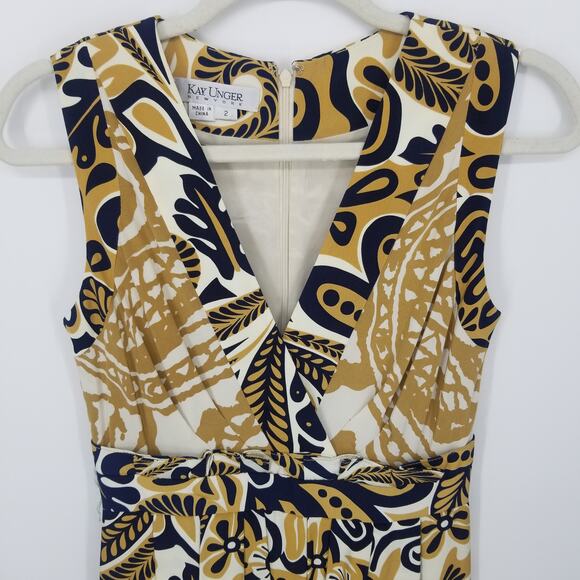 Kay Unger Silk Abstract Paisley Dress 2 A Line Sleeveless V Neck Pleated Navy - Picture 3 of 9